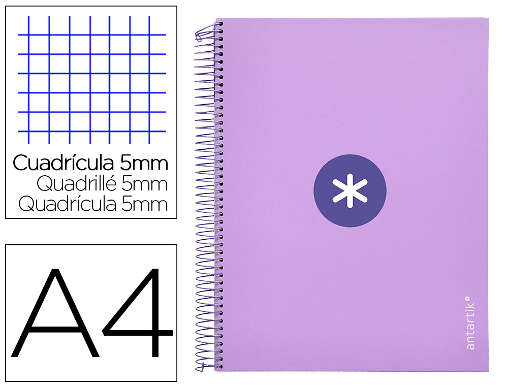 CUADERNO ESPIRAL A4 MICRO ANTARTIK TAPA FORRADA 120H 90 GR CUADRO 5MM 5 BANDAS 4 TALADROS COLOR LAVANDA