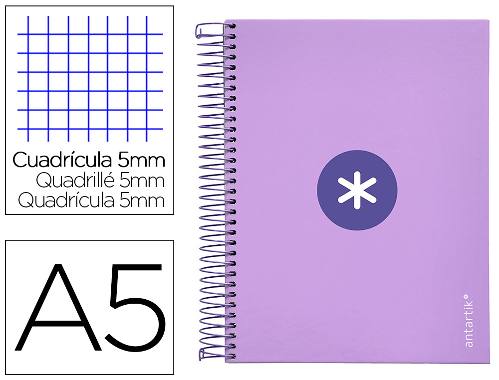 CUADERNO ESPIRAL A5 MICRO ANTARTIK TAPA FORRADA120H 90 GR CUADRO 5MM 5 BANDA 6 TALADROS COLOR LAVANDA