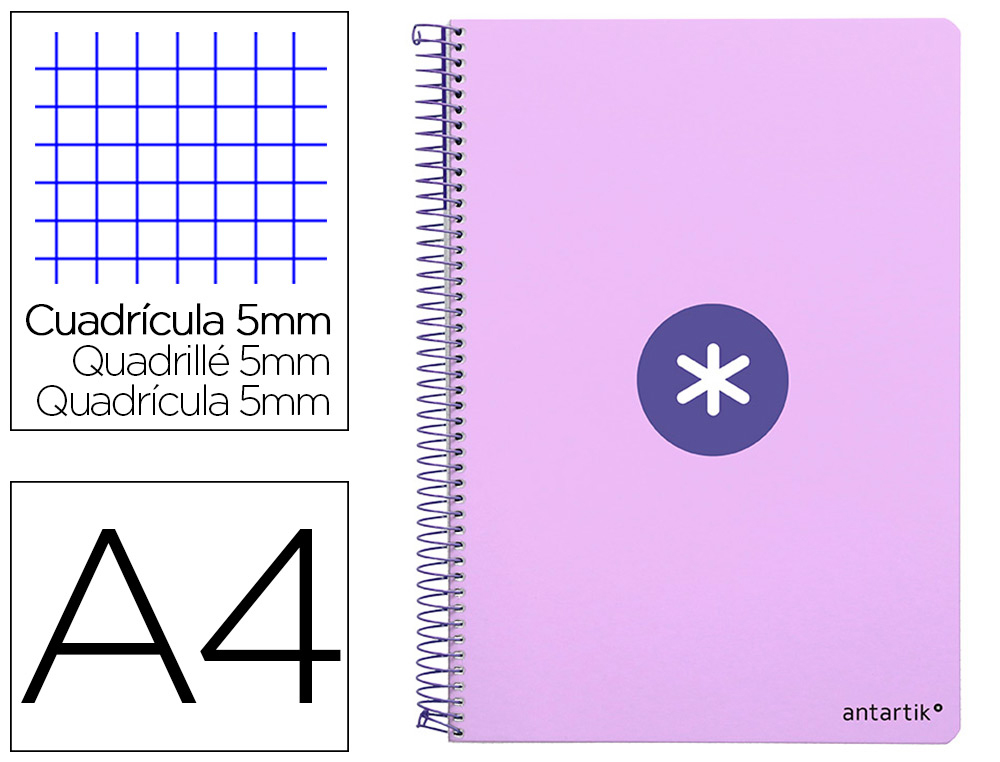 CUADERNO ESPIRAL ANTARTIK A4 MICRO TAPA DURA 80H 100 GR CUADRO 5 MM SIN BANDAS 4 TALADROS COLOR LAVANDA