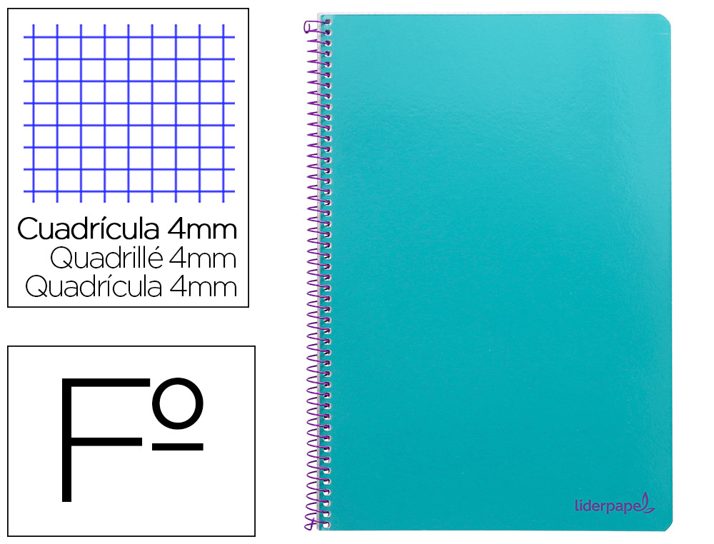 CUADERNO ESPIRAL LIDERPAPEL FOLIO SMART TAPA BLANDA 80H 60GR CUADRO 4MM CON MARGEN COLOR TURQUESA