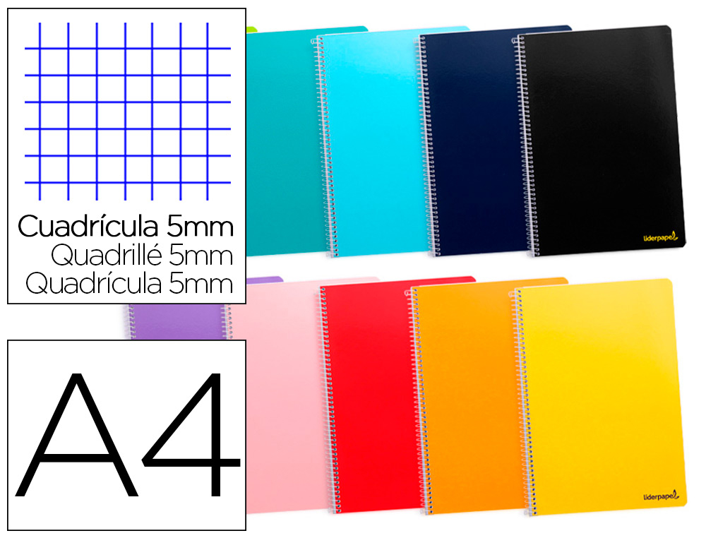 CUADERNO ESPIRAL LIDERPAPEL A4 MICRO SMART TAPA BLANDA 80H60GR CUADRO 5MM DOBLE MARGEN 4 TALADROS COLORES SURTIDOS