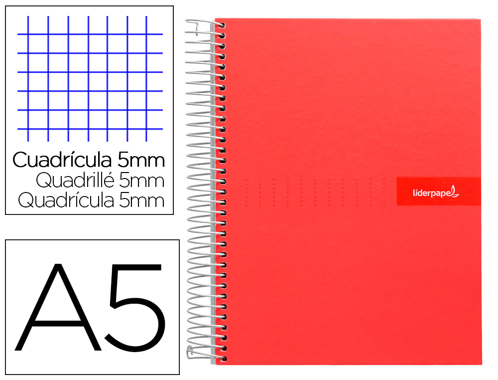 CUADERNO ESPIRAL LIDERPAPEL A5 MICRO CRAFTY TAPA FORRADA 120H 90 GR CUADRO 5MM 5 BANDAS6 TALADROS COLOR ROJO