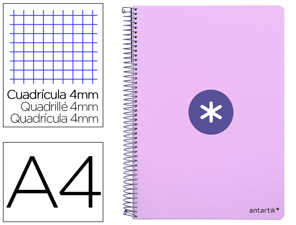 CUADERNO ESPIRAL A4 ANTARTIK TAPA DURA 80H 90GR CUADRO 4MM CON MARGEN COLOR LAVANDA