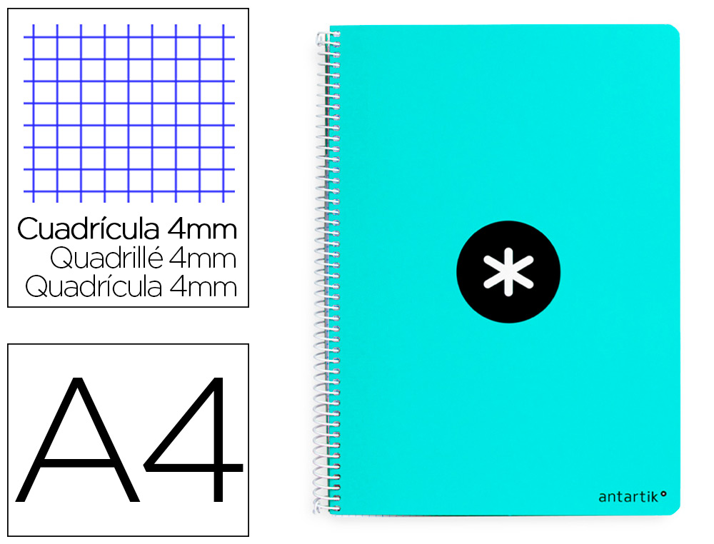 CUADERNO ESPIRAL A4 ANTARTIK TAPA DURA 80H 90GR CUADRO 4MM CON MARGEN COLOR MENTA