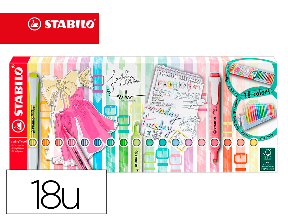 ROTULADOR STABILO FLUORESCENTE FINO SWING COOL PASTEL DESKET ESTUCHE DE 18 UNIDADES COLORES SURTIDOS