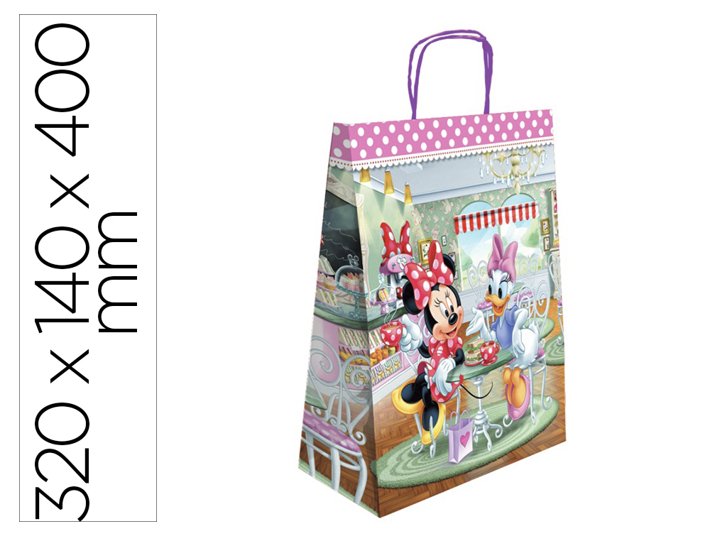 BOLSA PARA REGALO BASIKA PAPEL CELULOSA 90 GR MINNIE CON ASA RETORCIDA TAMAO L 320X140X400 MM