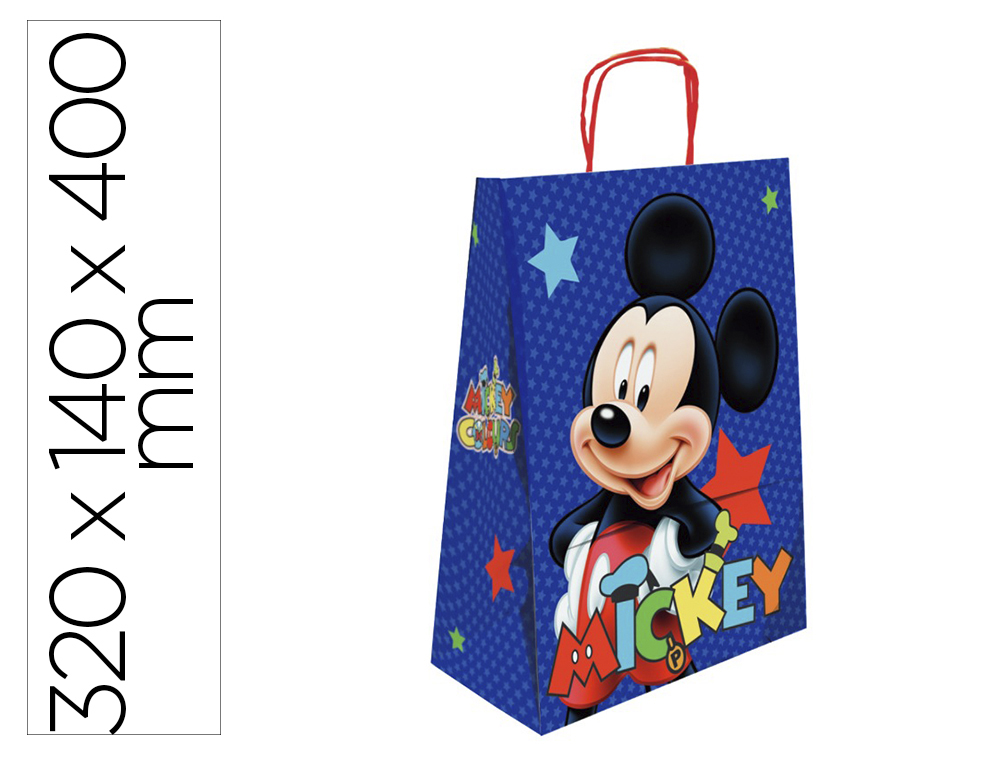 BOLSA PARA REGALO BASIKA PAPEL CELULOSA 90 GR MICKEY CON ASA RETORCIDA TAMAO L 320X140X400 MM