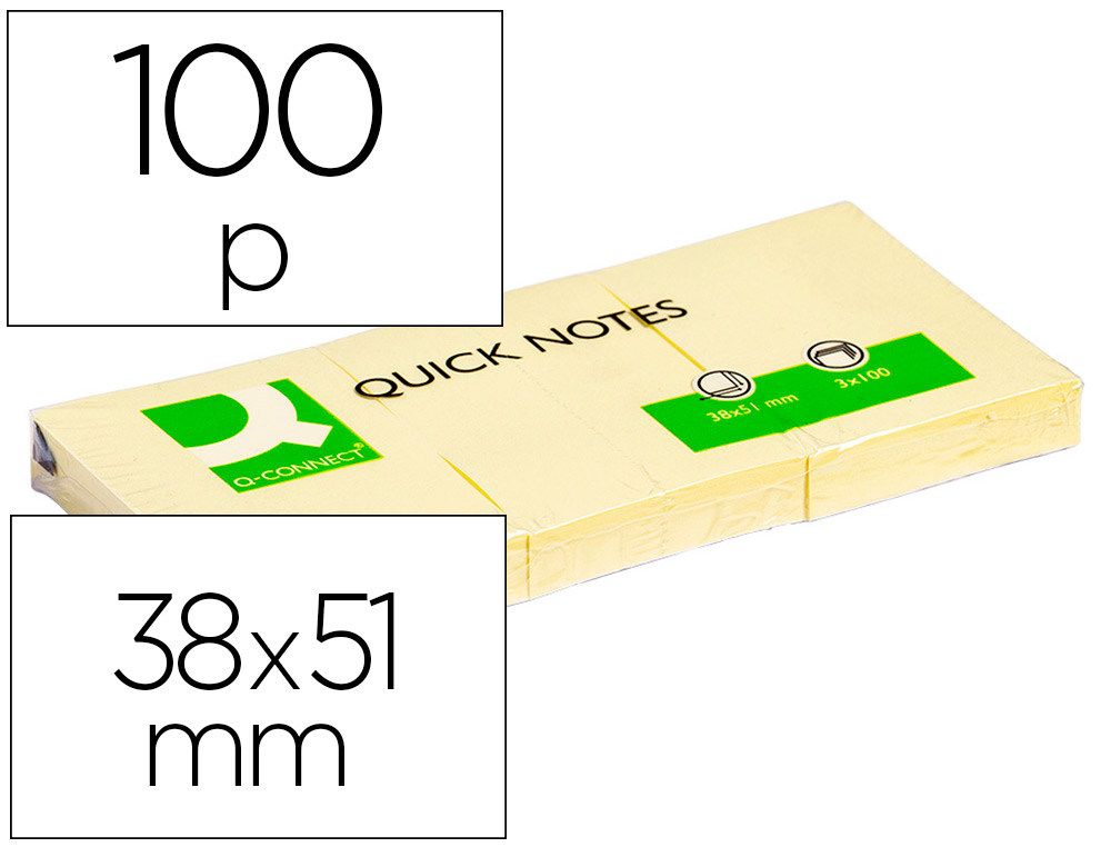 BLOC DE NOTAS ADHESIVAS QUITA Y PON Q-CONNECT 38X51 MM CON 100 HOJAS