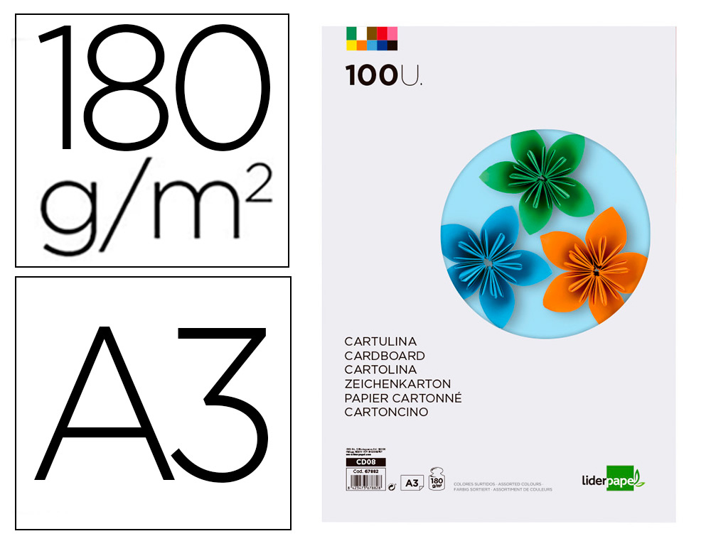 CARTULINA LIDERPAPEL A3 180G/M2 10 COLORES SURTIDOS PAQUETE 100 HOJAS