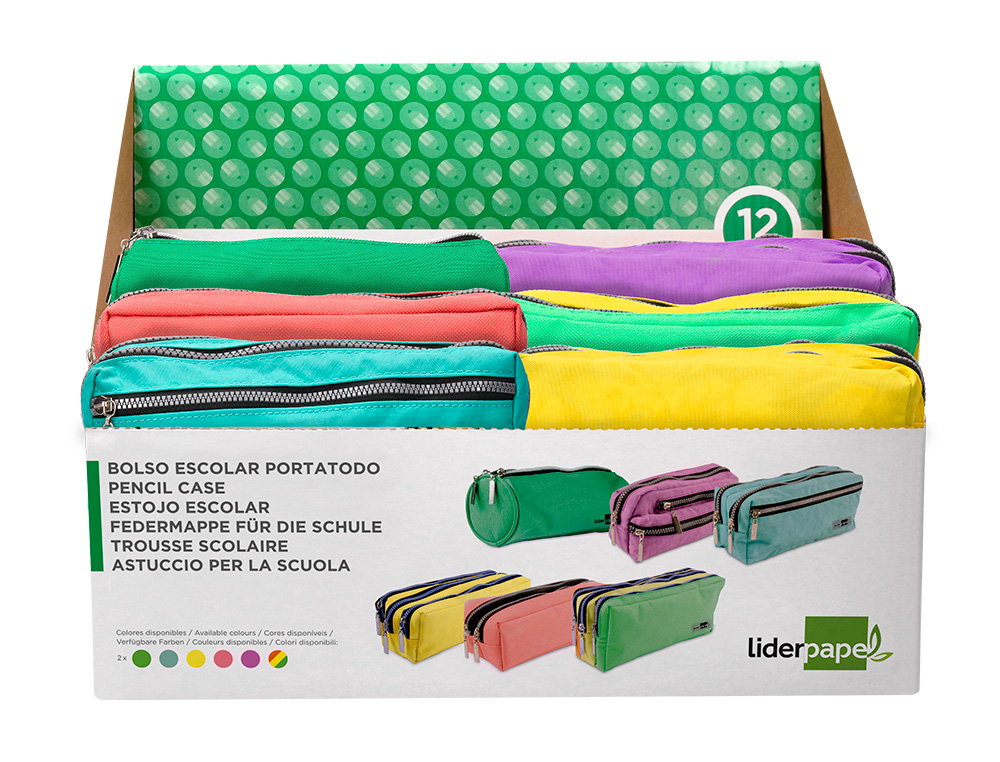 ESTUCHE PORTATODO LIDERPAPEL EXPOSITOR DE 12 UNIDADES COLORES Y MODELOS SURTIDOS