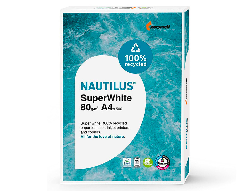 PAPEL FOTOCOPIADORA NAUTILUS SUPERWHITE 100% RECICLADO DIN A4 80 GRAMOS PAQUETE DE 500 HOJAS