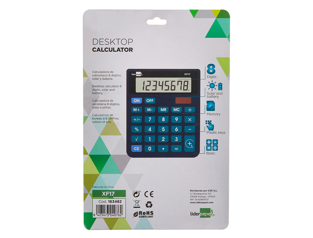 CALCULADORA LIDERPAPEL SOBREMESA XF17 8 DIGITOS SOLAR Y PILAS COLOR AZUL 127X105X24 MM