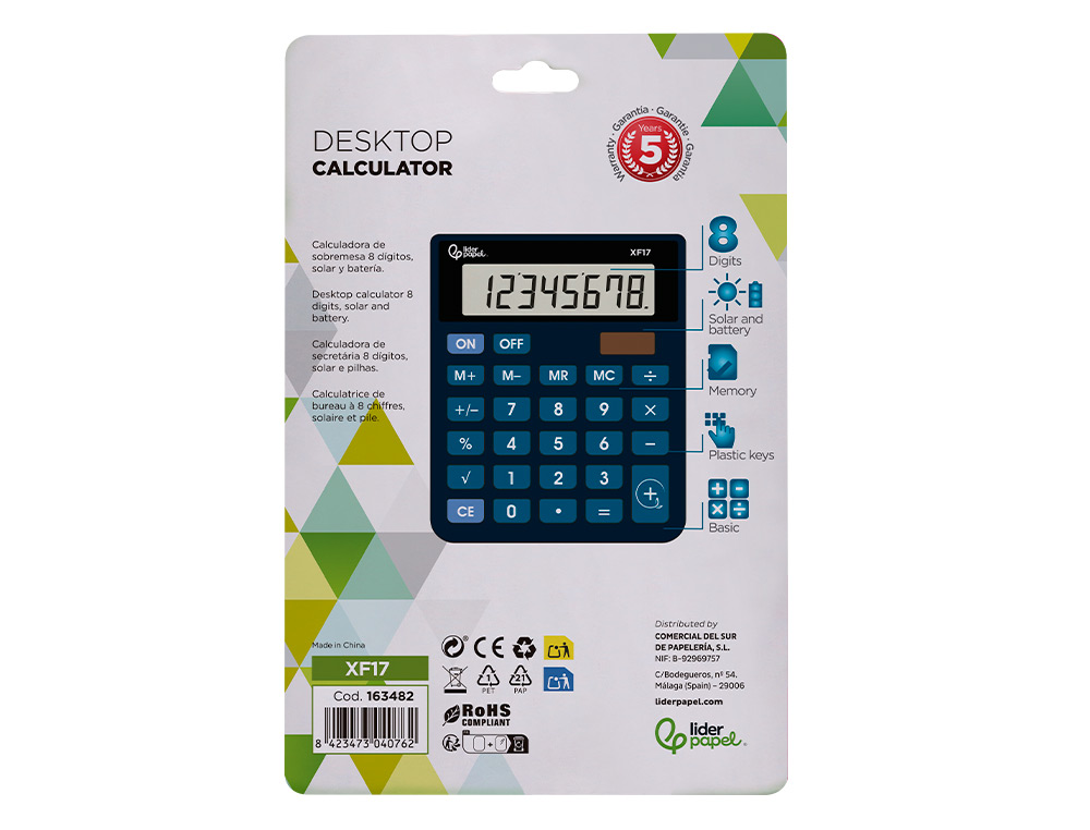CALCULADORA LIDERPAPEL SOBREMESA XF17 8 DIGITOS SOLAR Y PILAS COLOR AZUL 127X105X24 MM