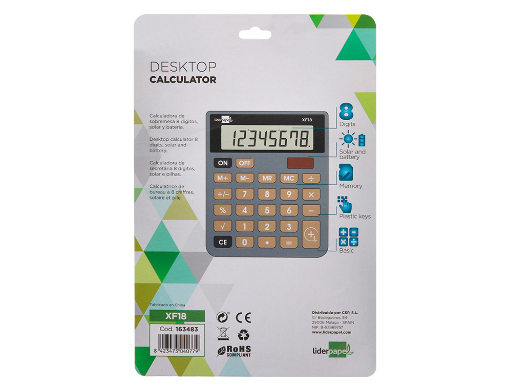 CALCULADORA LIDERPAPEL SOBREMESA XF18 8 DIGITOS SOLAR Y PILAS COLOR GRIS 127X105X24 MM