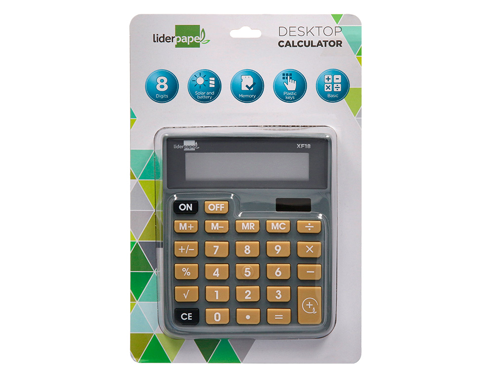 CALCULADORA LIDERPAPEL SOBREMESA XF18 8 DIGITOS SOLAR Y PILAS COLOR GRIS 127X105X24 MM
