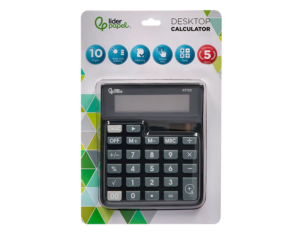 CALCULADORA LIDERPAPEL SOBREMESA XF20 10 DIGITOS SOLAR Y PILAS COLOR NEGRO 127X105X24 MM