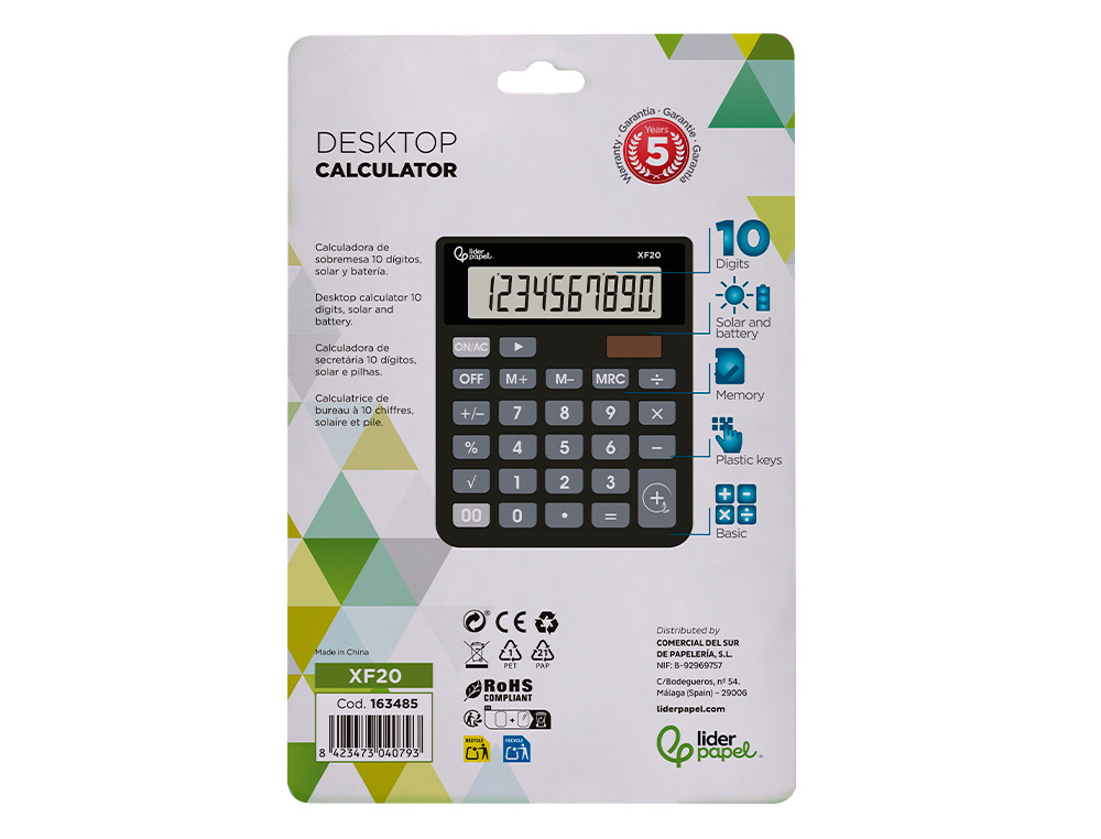 CALCULADORA LIDERPAPEL SOBREMESA XF20 10 DIGITOS SOLAR Y PILAS COLOR NEGRO 127X105X24 MM