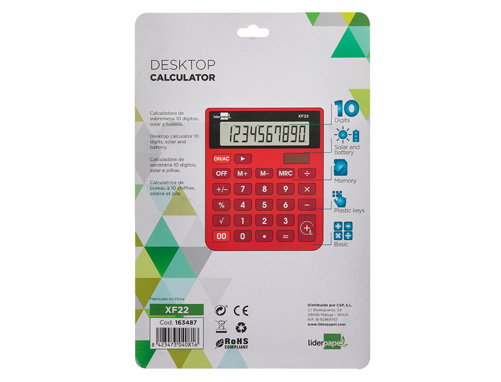 CALCULADORA LIDERPAPEL SOBREMESA XF22 10 DIGITOS SOLAR Y PILAS COLOR ROJO 127X105X24 MM
