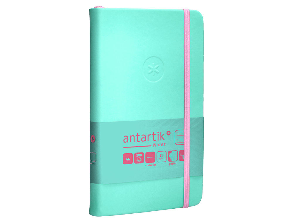 CUADERNO CON GOMILLA ANTARTIK NOTES TAPA DURA A6 HOJAS RAYAS ROSA Y TURQUESA 100 HOJAS 80 GR FSC