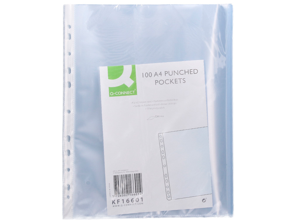 FUNDA MULTITALADRO Q-CONNECT DIN A4 80 MC CRISTAL BOLSA DE 100 UNIDADES