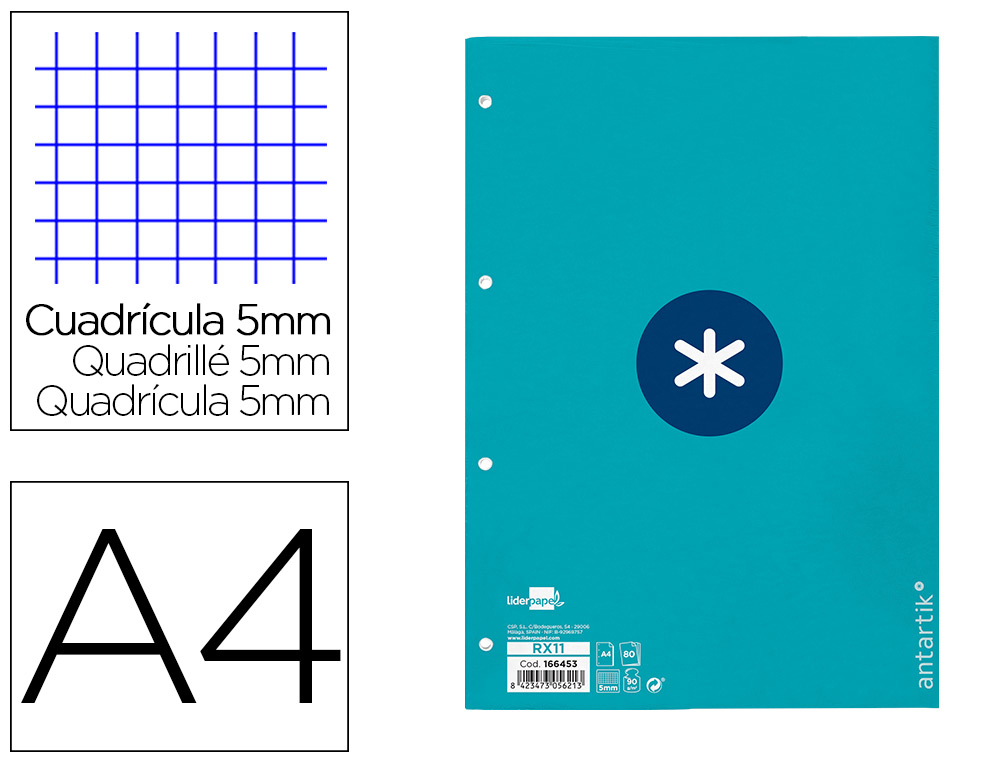 RECAMBIO A4 ANTARTIK 80 HOJAS 90G/M2 CUADRO 5MM 4 TALADROS 1 BANDA CON MARCO COLOR TURQUESA