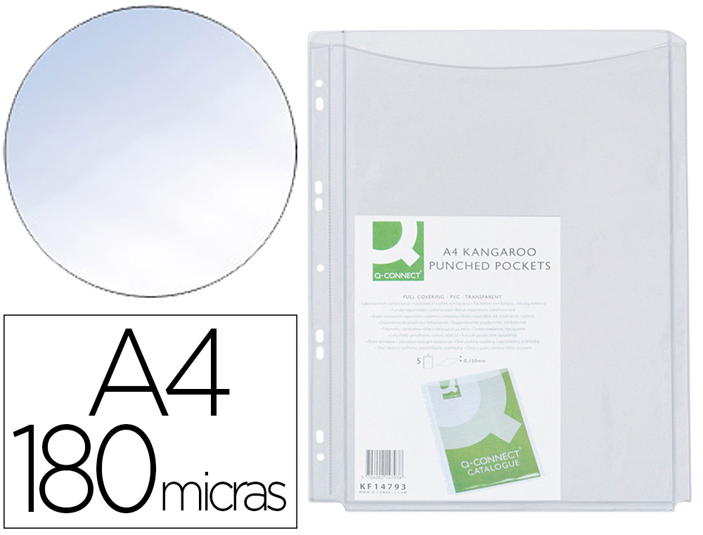 FUNDA MULTITALADRO Q-CONNECT CON FUELLE DIN A4 PVC 180 MC BOLSA DE 5 UNIDADES